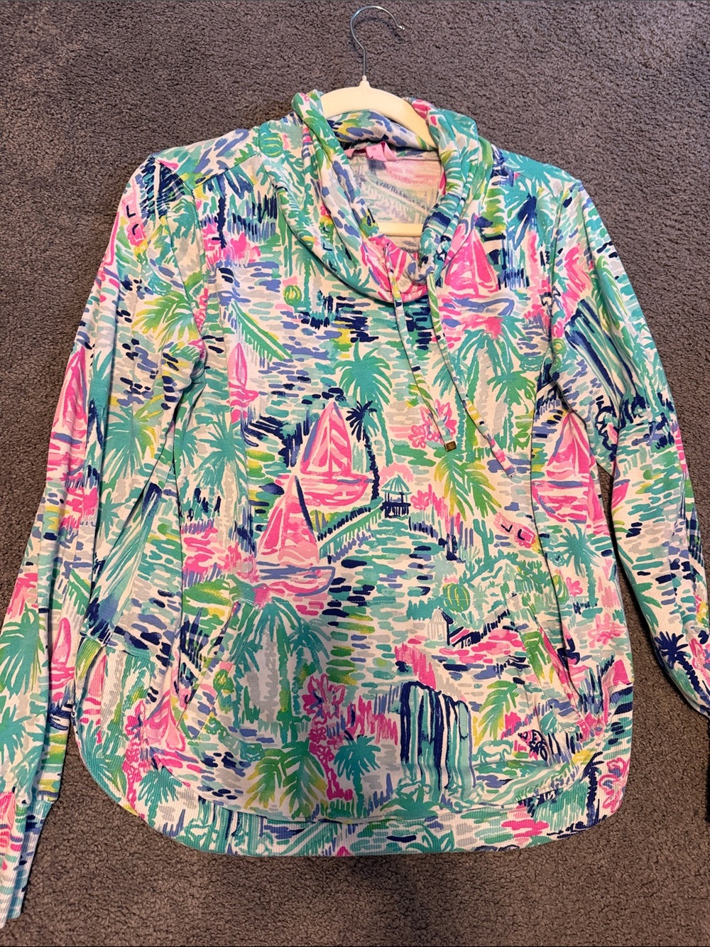 Lilly Pulitzer Cowl Neck Sailboat Hoodie in Pink, Teal & Navy